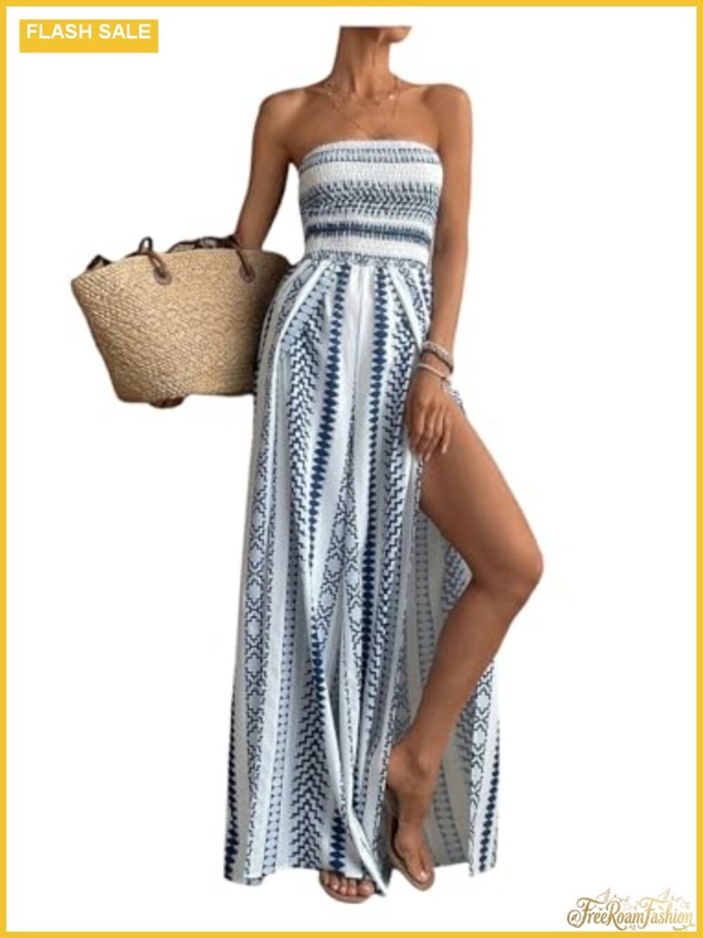 Wide Leg Strapless Romper Geometric Print High Slit Boho Summer Jumpsuit